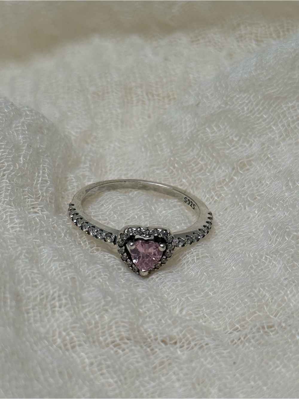 925 Sterling Silver Heart Halo Ring with Pink Stone, Size 7